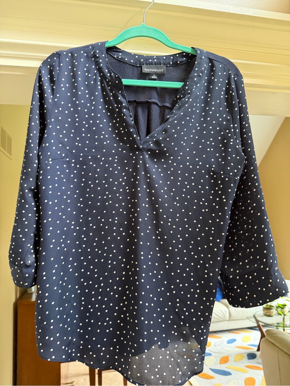 Fortune & Ivy Navy Polka Dot Blouse - Women's 3/4 Sleeve